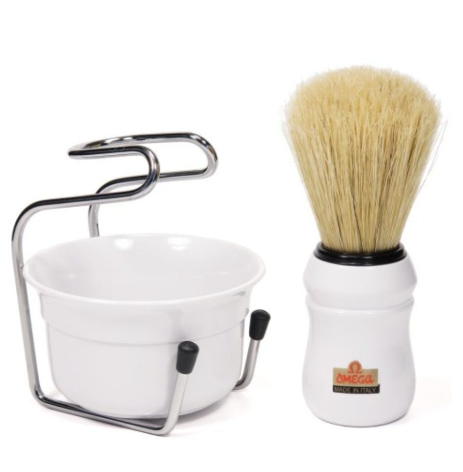 49.18 Omega Pure bristle shaving brush with bowl and stand