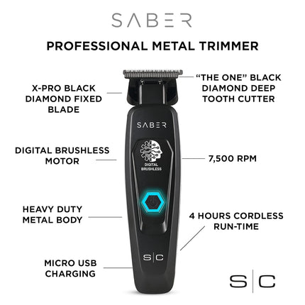 StyleCraft SC Saber Cordless Digital Brushless Motor Metal Trimmer - Black