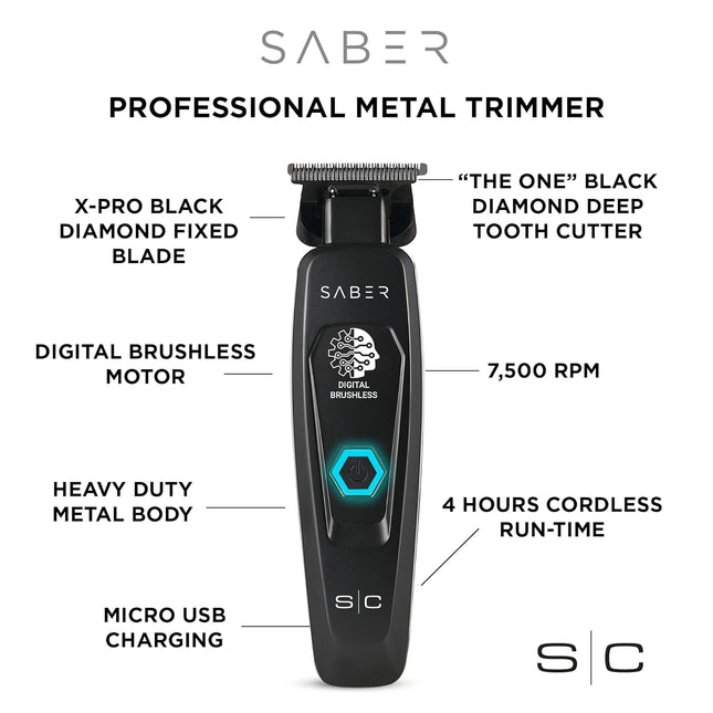 StyleCraft SC Saber Cordless Digital Brushless Motor Metal Trimmer - Black