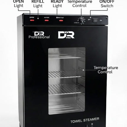 DR Pro Professional towel steamer with labeled components on a white background