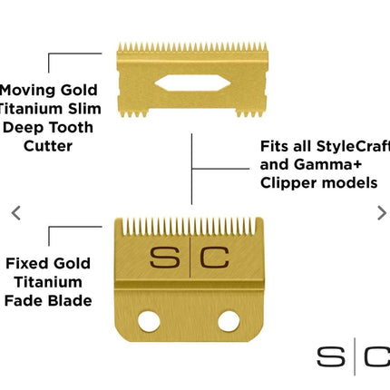 Gamma+ StyleCraft Clipper Blade Set – Gold Fade Blade and Gold Slim Deep Blade Set