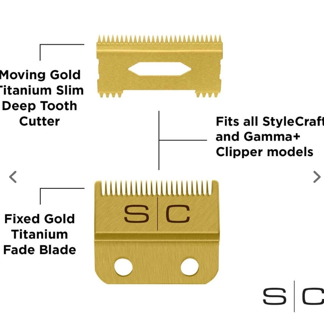 Gamma+ StyleCraft Clipper Blade Set – Gold Fade Blade and Gold Slim Deep Blade Set
