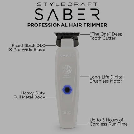 Gamma+ Stylecraft SC Saber Cordless Metal Trimmer – White (Limited Edition)