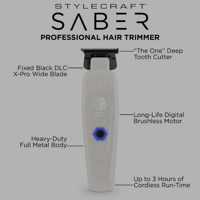 Gamma+ Stylecraft SC Saber Cordless Metal Trimmer – White (Limited Edition)