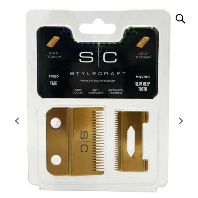 Gamma+ StyleCraft Clipper Blade Set – Gold Fade Blade and Gold Slim Deep Blade Set